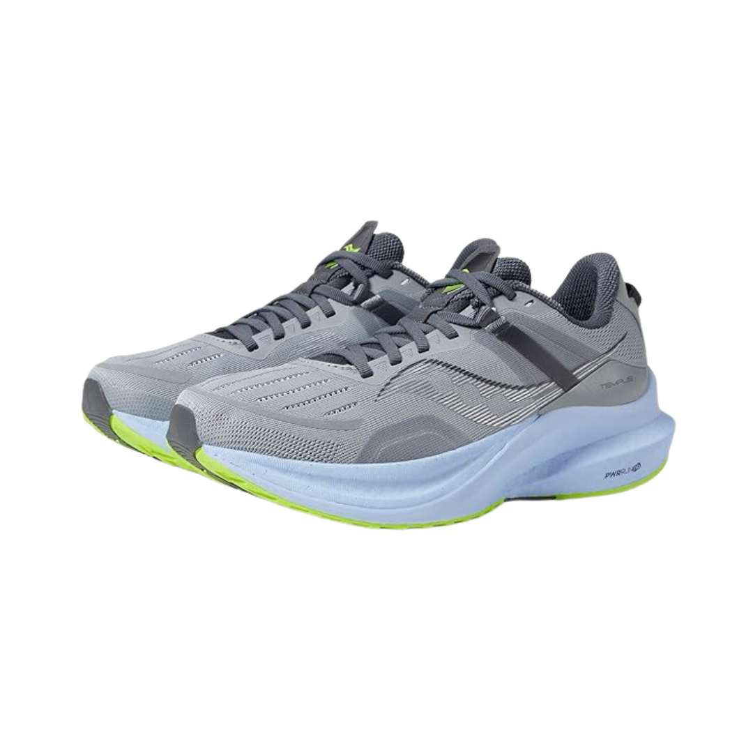 Side view of Women’s Saucony Tempus in Fossil/Ether – featuring an engineered mesh upper in fossil grey, PWRRUN PB cushioning for energy return, supportive guidance frame, and light ether blue detailing for a sleek, stable ride.