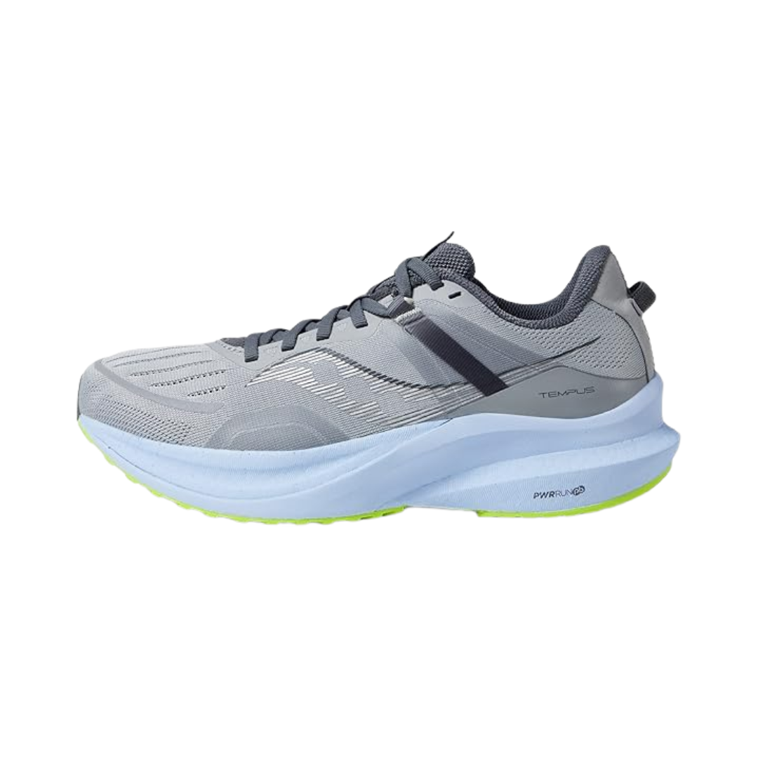 Side view of Women’s Saucony Tempus in Fossil/Ether – featuring an engineered mesh upper in fossil grey, PWRRUN PB cushioning for energy return, supportive guidance frame, and light ether blue detailing for a sleek, stable ride.