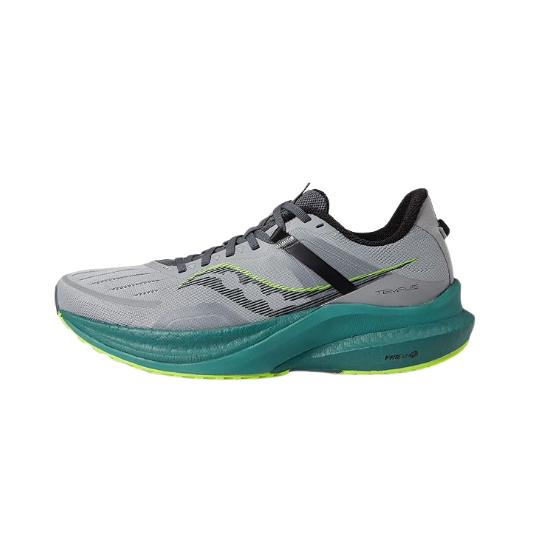 Side view of Men’s Saucony Tempus in Fossil/Moss – featuring a lightweight engineered mesh upper in fossil, responsive PWRRUN PB cushioning for high-energy return, a supportive guidance frame in moss green, and a streamlined silhouette built for stability and speed.