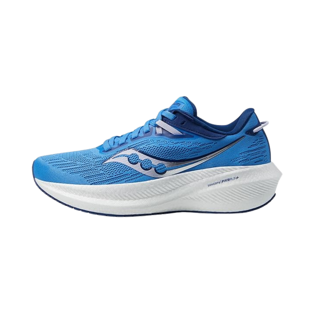 Side view of Women’s Saucony Triumph 21 in Blue Light/Mauve – featuring a breathable engineered mesh upper, PWRRUN+ cushioning for a plush ride, durable rubber outsole, and subtle mauve accents for a stylish, high-performance running shoe.