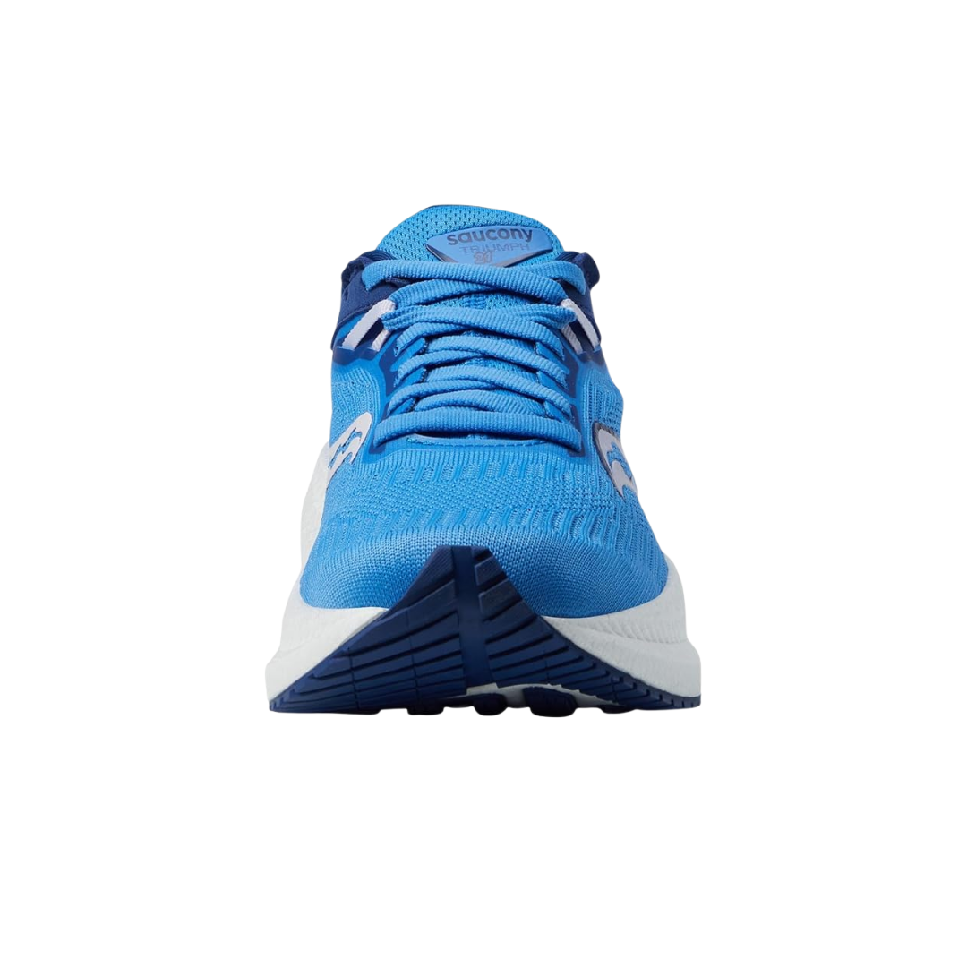 Front view of Women’s Saucony Triumph 21 in Blue Light/Mauve – featuring a breathable mesh toe box in soft blue, reinforced toe cap for durability, flat laces for secure fit, and mauve accents on the tongue and lining for a modern athletic look.