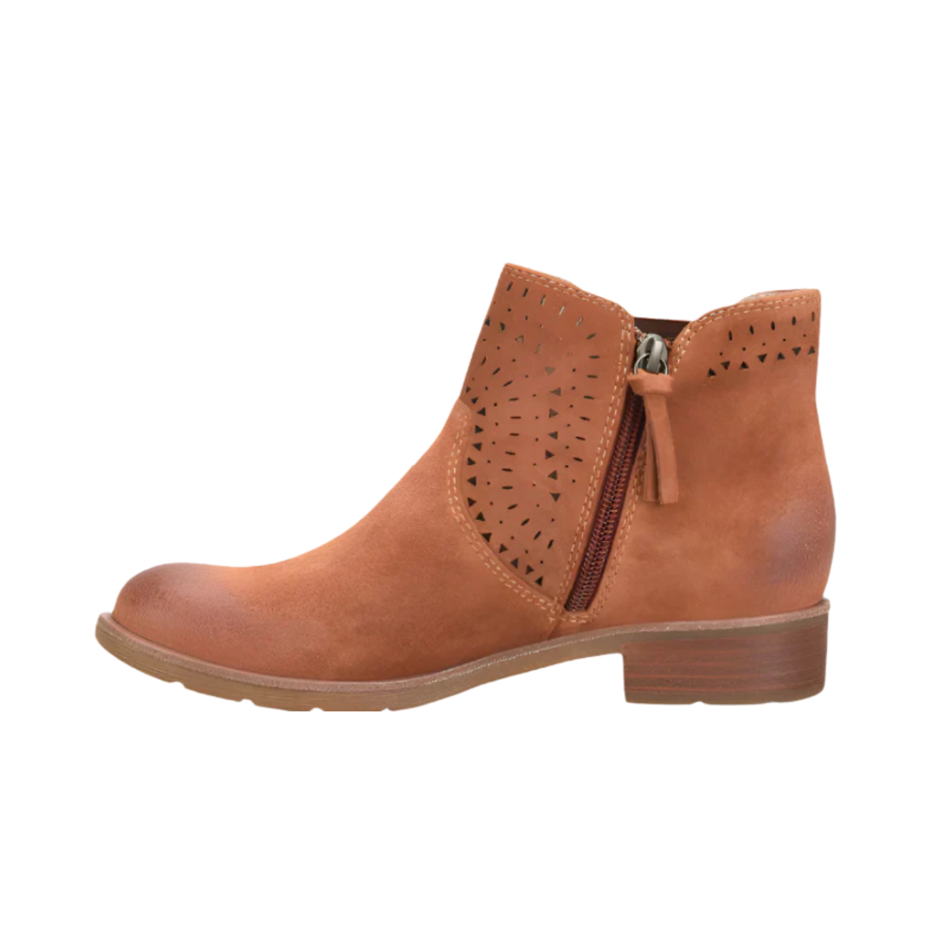 Side View of Women’s Sofft Barina boot in russet brown – featuring a rich leather upper with side zipper closure, cushioned footbed for all-day comfort, and flexible rubber outsole for durable traction.