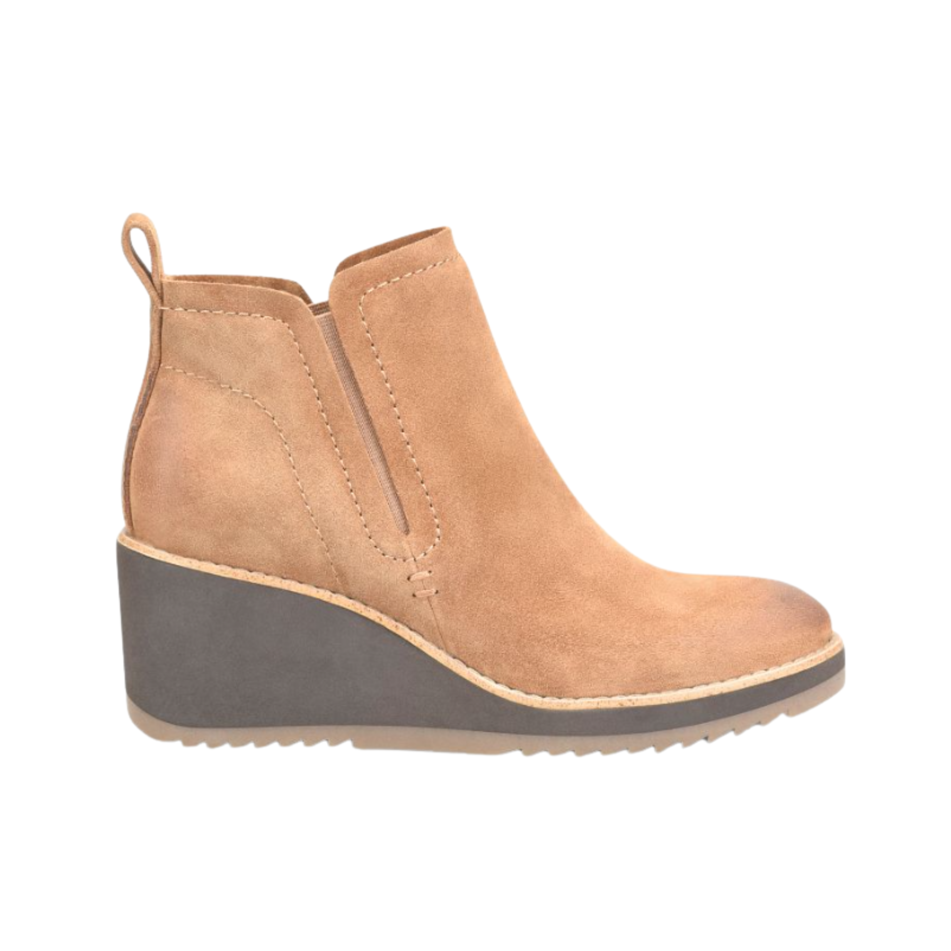 Side View of Women’s Sofft Emeree boot in saddle brown – featuring a premium leather upper with side zipper and stretch panel, cushioned footbed for all-day support, and flexible rubber outsole for reliable traction.