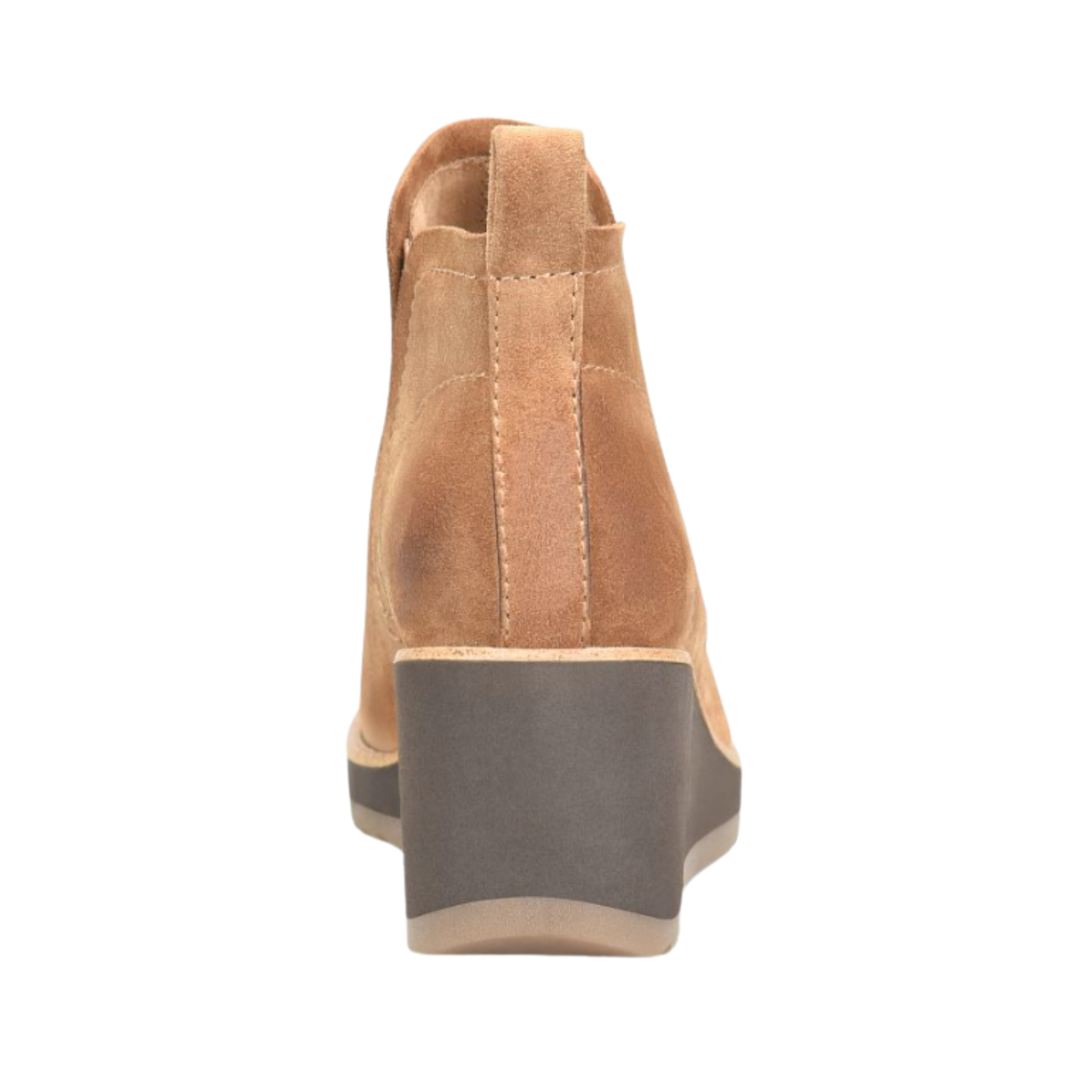 Back View of Women’s Sofft Emeree boot in saddle brown – featuring a smooth leather finish with stretch panel detail, rear seam stitching, and low stacked heel with flexible rubber outsole for stable comfort.