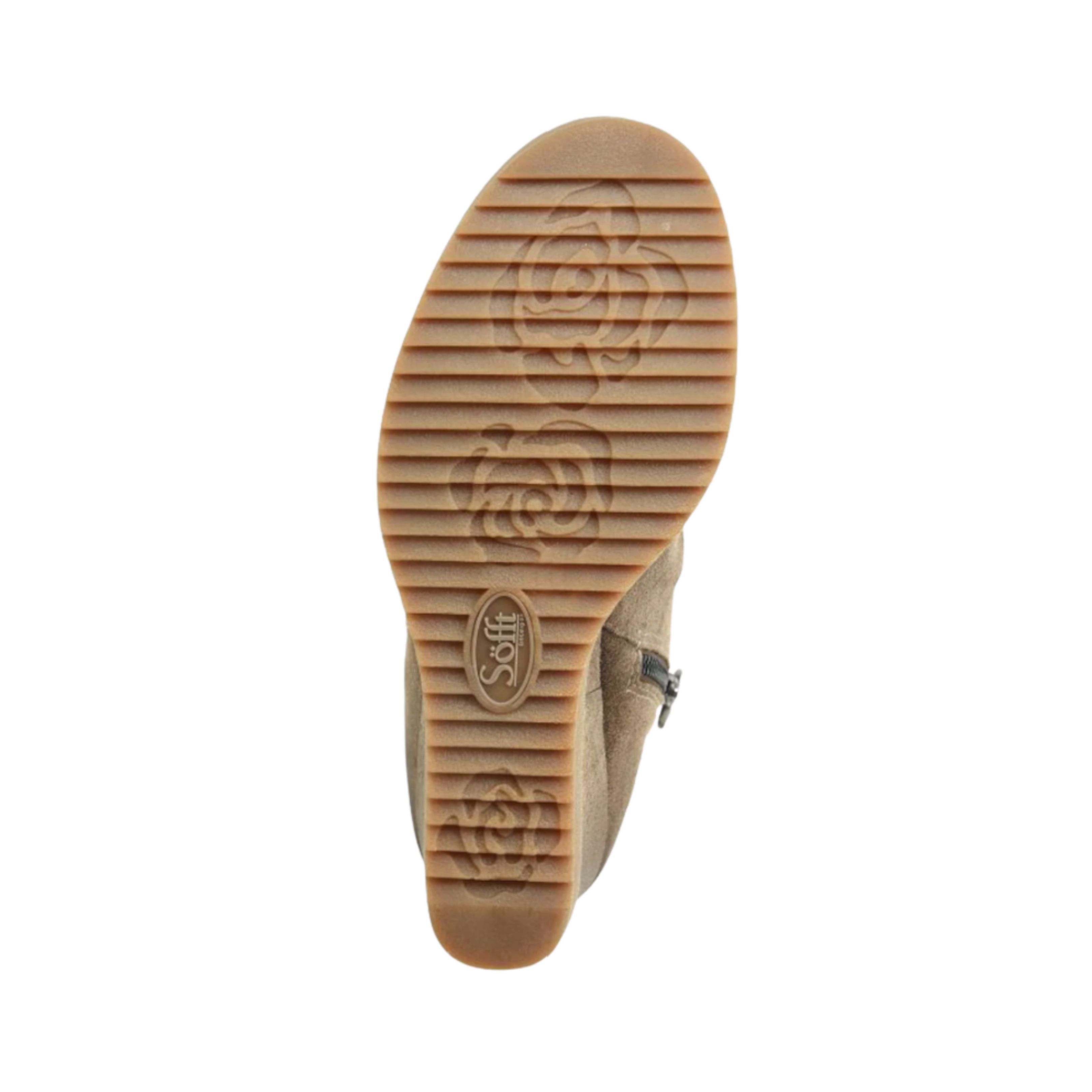 Bottom View of Women’s Sofft Siri boot in taupe – featuring a textured rubber outsole for slip-resistant traction, low stacked heel for added support, and durable construction for everyday wear.