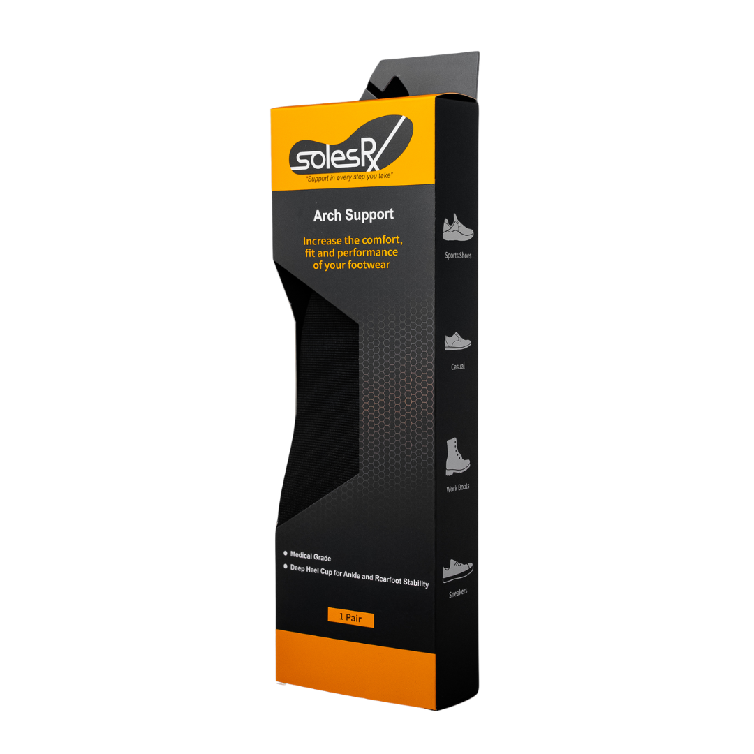 Top View of SolesRX Arch Support insoles – featuring contoured arch support, cushioned heel pad, and breathable design for all-day comfort.