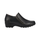Side View of Women’s Taos Daily Shoe in Black – featuring a sleek leather upper, supportive midsole for shock absorption, and a low-profile casual design for everyday comfort.
