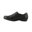 Side View of Women’s Taos Encore Shoe in Black – featuring a smooth leather upper, supportive midsole for shock absorption, and a low-profile silhouette for versatile casual style.