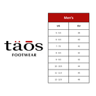 Men's shoe size chart for taos Footwear with US and EU measurements.