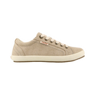 Side View of Women’s Taos Star Sneaker in Khaki Washed Canvas – featuring a low-top casual silhouette, reinforced stitching along the edges, and a supportive midsole for lasting comfort.