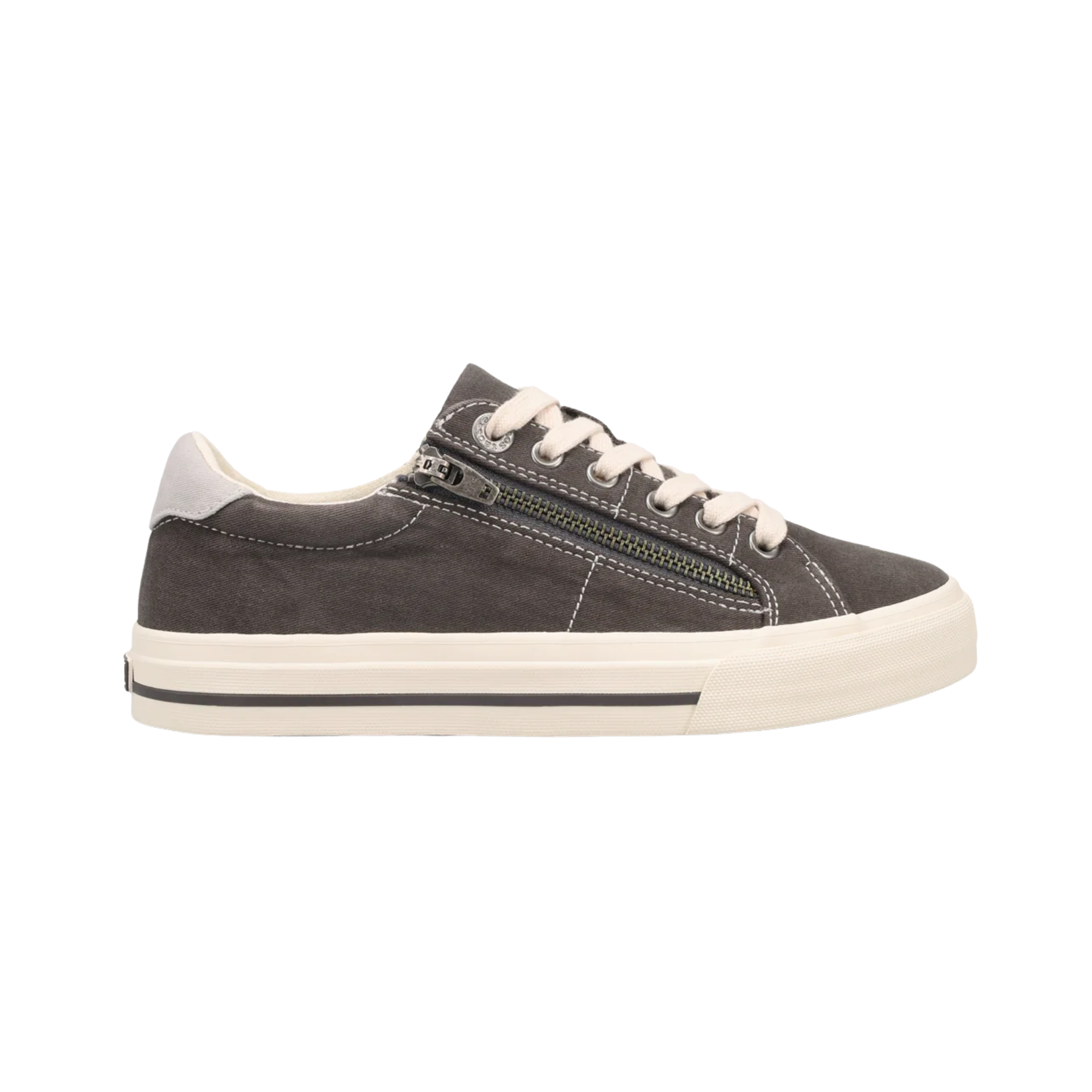 Side View of Women's Taos Z Soul in Graphite Light Grey Distressed – Featuring a comfortable, slip-on design with an elasticized side for a snug fit, this shoe is made for easy on and off while ensuring a secure, supportive feel throughout the day. The dual-tone finish adds depth and style to the shoe, making it a versatile addition to any wardrobe.