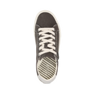 Top View of Women’s Taos Z Soul Shoe in Graphite Light Grey Distressed – featuring a soft leather and textile upper, cushioned removable footbed with arch and metatarsal support, and dual zipper and lace-up design for convenient wear.