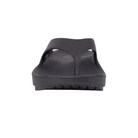Front view of Women’s OOFOS OOriginal Sandal in black – featuring a simple thong-style design, soft toe post, molded footbed with gentle arch support, and smooth, seamless footbed surface for reduced irritation.