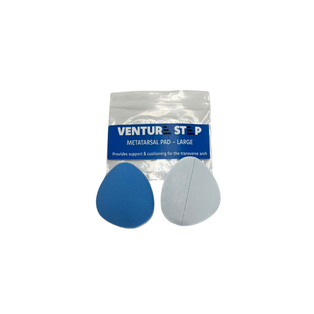 Top and bottom view of medium VentureStep Metatarsal Pad – featuring a cushioned design for metatarsal support, ergonomic shape to relieve ball-of-foot pressure, and adhesive backing for secure placement inside the shoe.