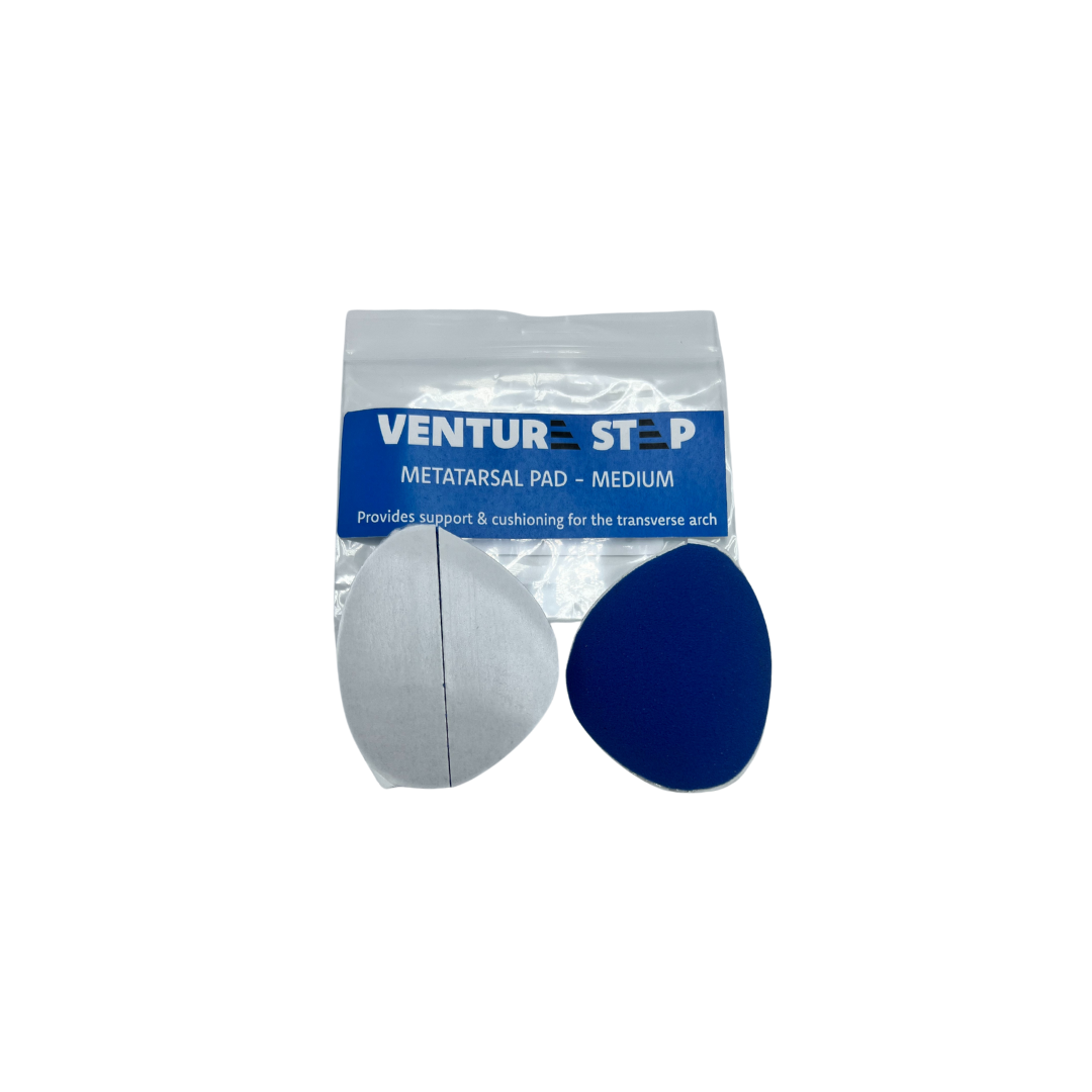 Top and bottom view of medium VentureStep Metatarsal Pad – featuring a cushioned design for metatarsal support, ergonomic shape to relieve ball-of-foot pressure, and adhesive backing for secure placement inside the shoe.