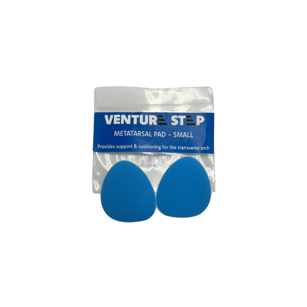 Front view of a small VentureStep metatarsal pad designed for foot support and pressure relief, showing its soft, cushioned texture and adhesive backing for easy placement inside footwear.