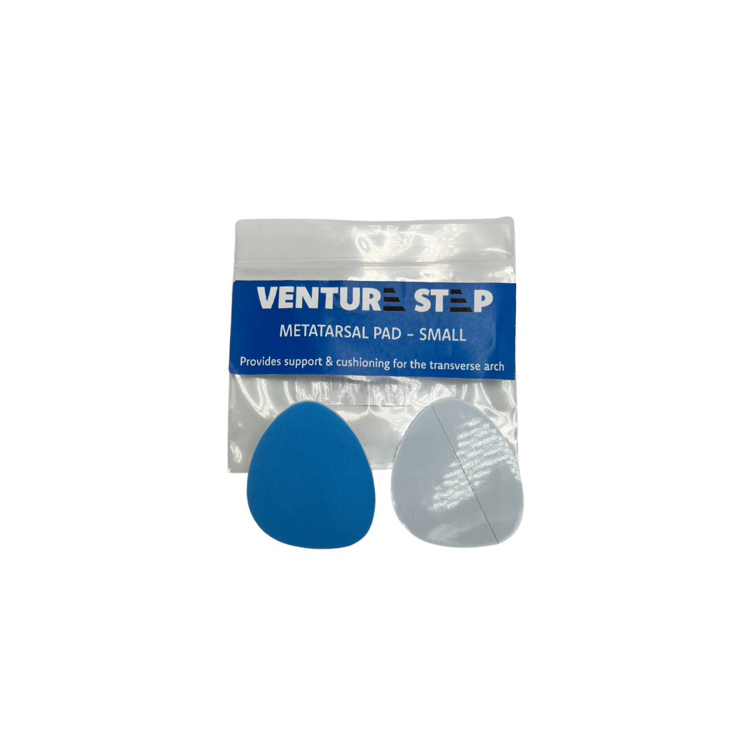 Top and bottom view of medium VentureStep Metatarsal Pad – featuring a cushioned design for metatarsal support, ergonomic shape to relieve ball-of-foot pressure, and adhesive backing for secure placement inside the shoe.