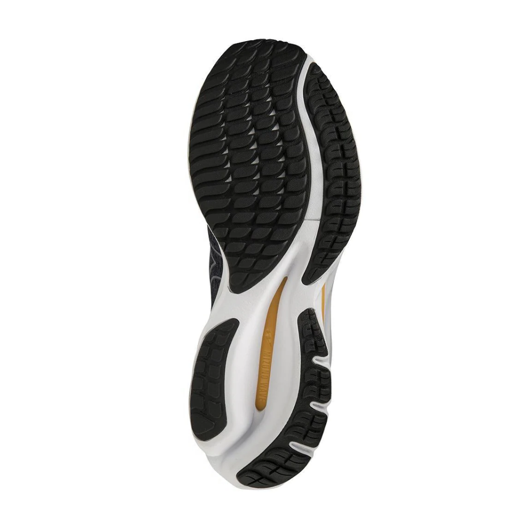 Bottom view of Men’s Wave Rider 26 running shoe in odyssey grey and metallic grey – featuring an X10 carbon rubber outsole for long-lasting durability, deep flex grooves for improved flexibility, and full ground contact design for balanced transitions.