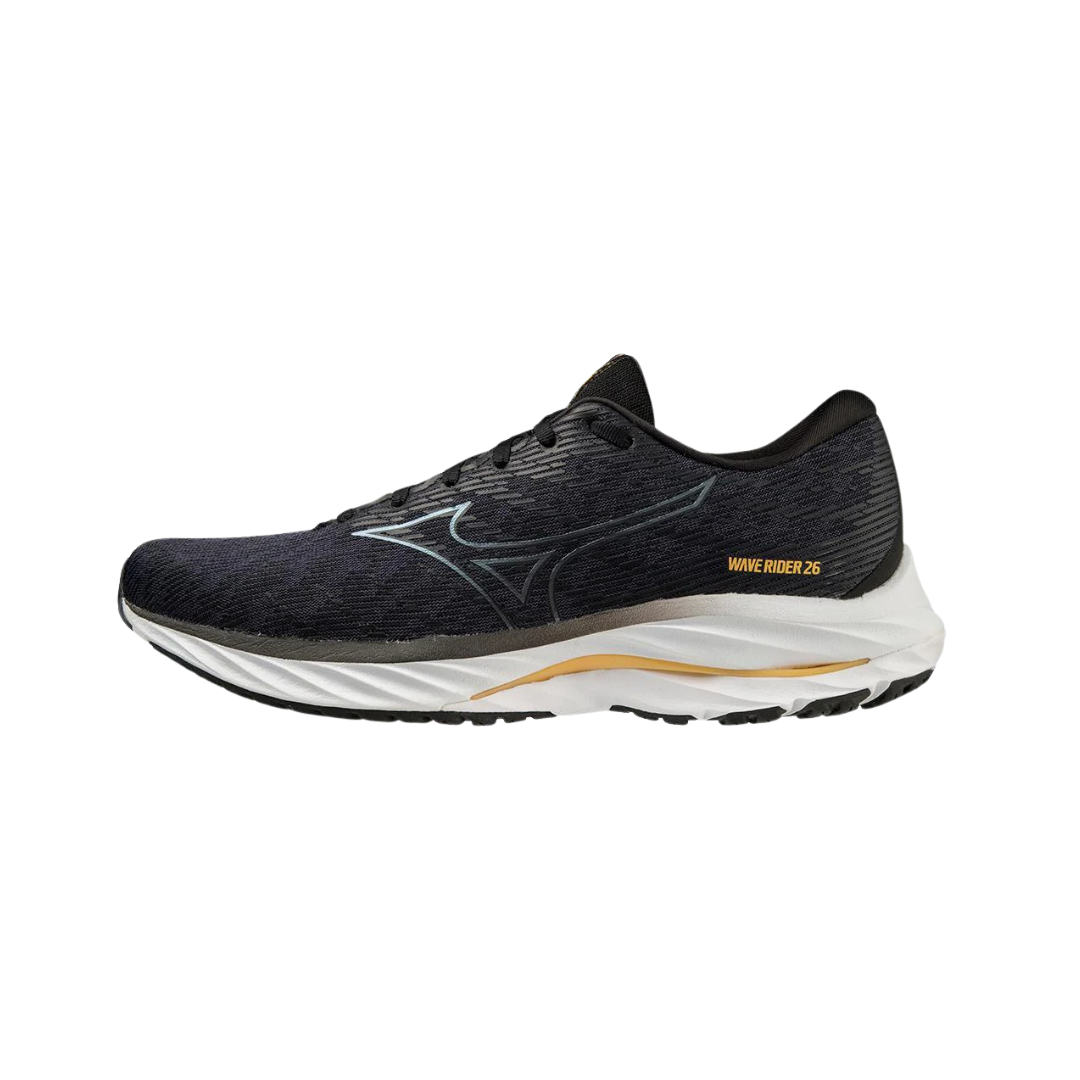 Side view of Men’s Wave Rider 26 running shoe in odyssey grey and metallic grey – featuring a full-length Enerzy midsole for soft and responsive cushioning, wave plate technology for smooth energy transfer, and breathable engineered mesh upper for adaptive fit.