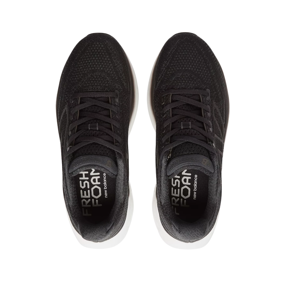 Top  View of Women’s New Balance Fresh Foam X 1080v13 running shoe in black with white – featuring engineered mesh upper for breathability, Fresh Foam midsole for plush cushioning, and supportive overlays for stability.
