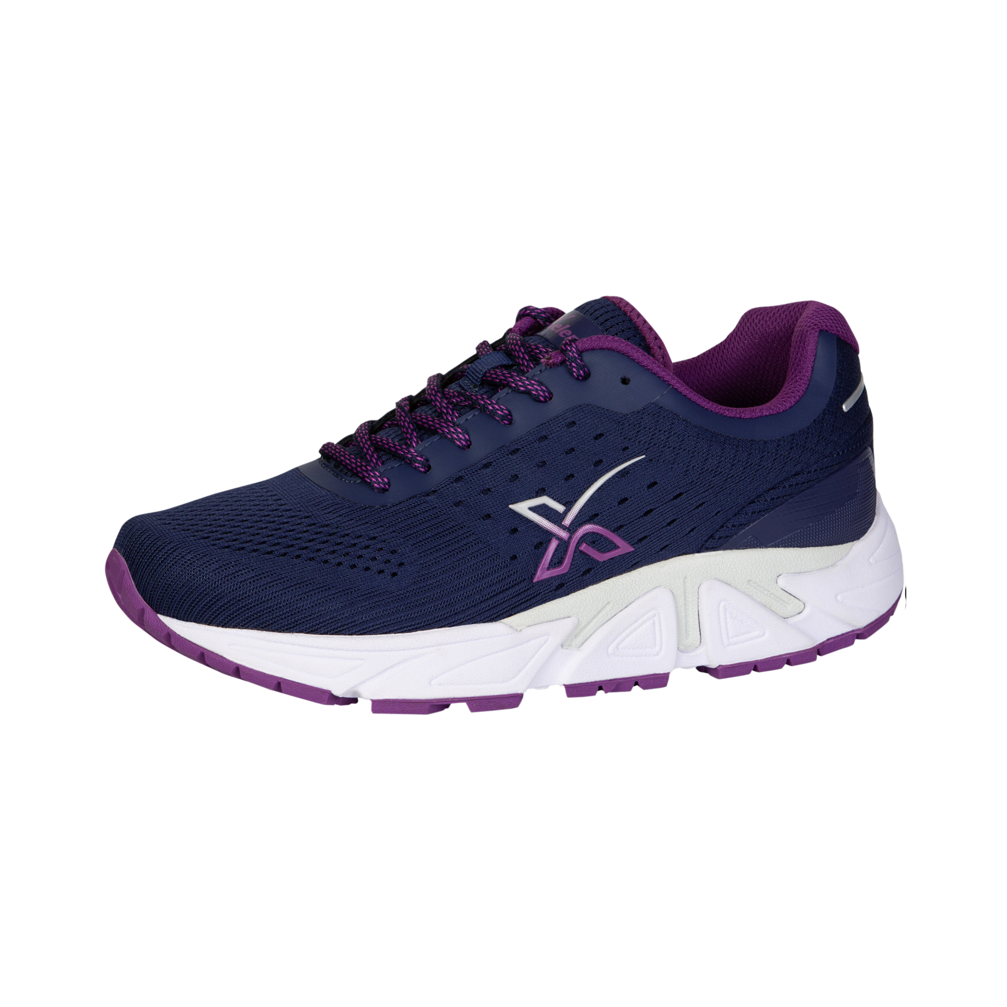 Side View of Women’s Xelero Genesis II walking shoe in navy and amethyst – featuring breathable mesh upper for ventilation, cushioned midsole for shock absorption, and supportive overlays for stability.