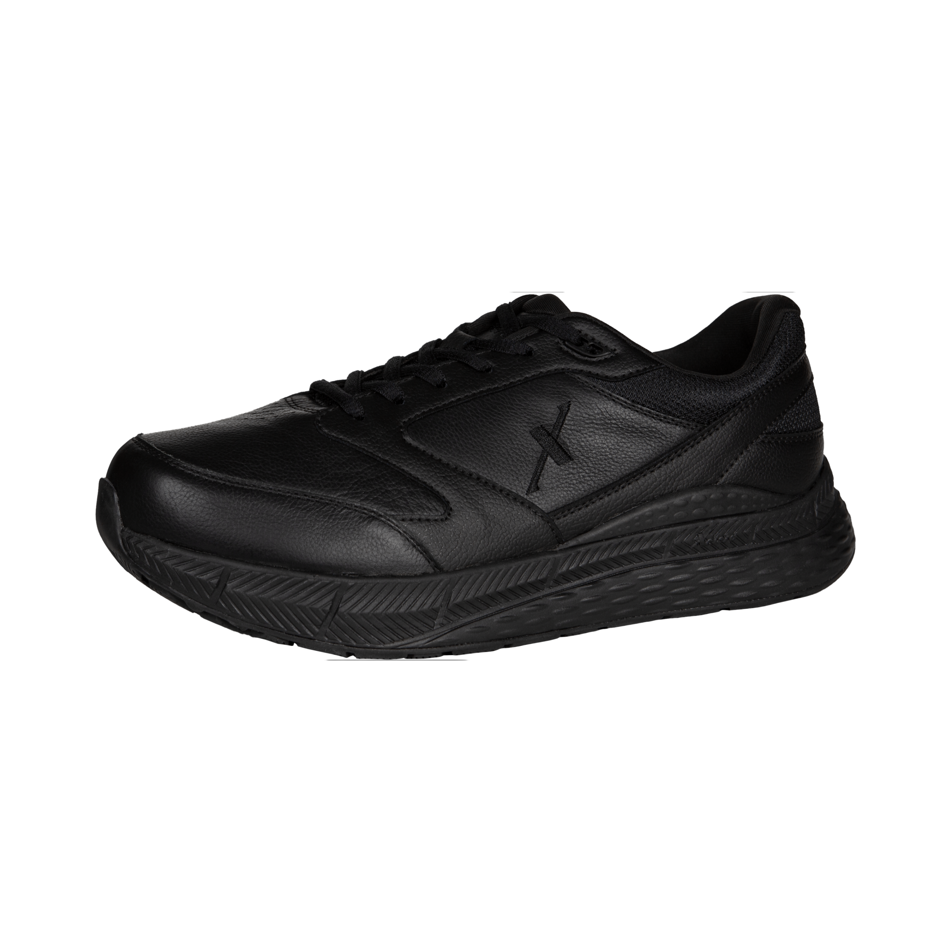 Side View of Women’s Xelero Steadfast Walker shoe in black – featuring breathable mesh and synthetic upper, cushioned midsole for comfort, and durable outsole designed for reliable traction and support.