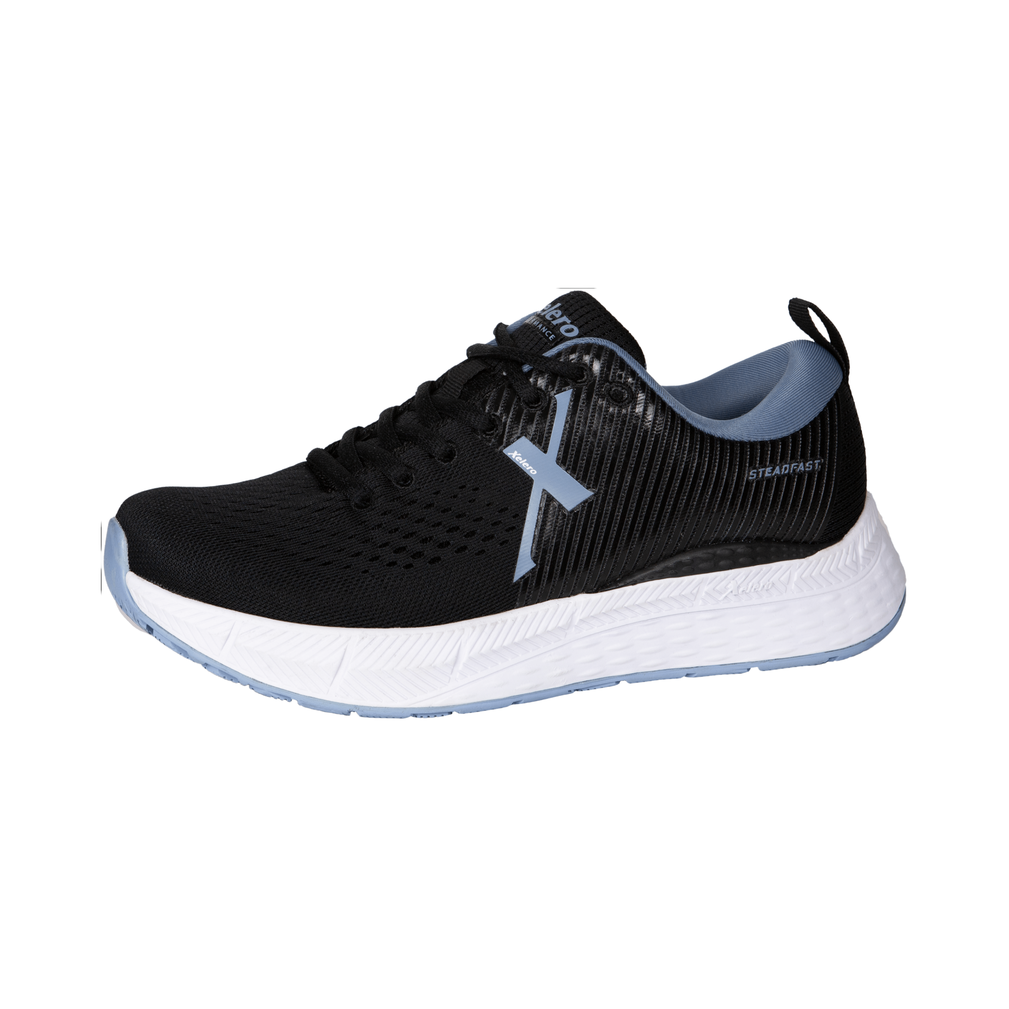 Side View of Women’s Xelero Steadfast hiking shoe in black and periwinkle – featuring breathable mesh and synthetic upper, cushioned midsole for shock absorption, and durable outsole with aggressive tread for traction and stability.