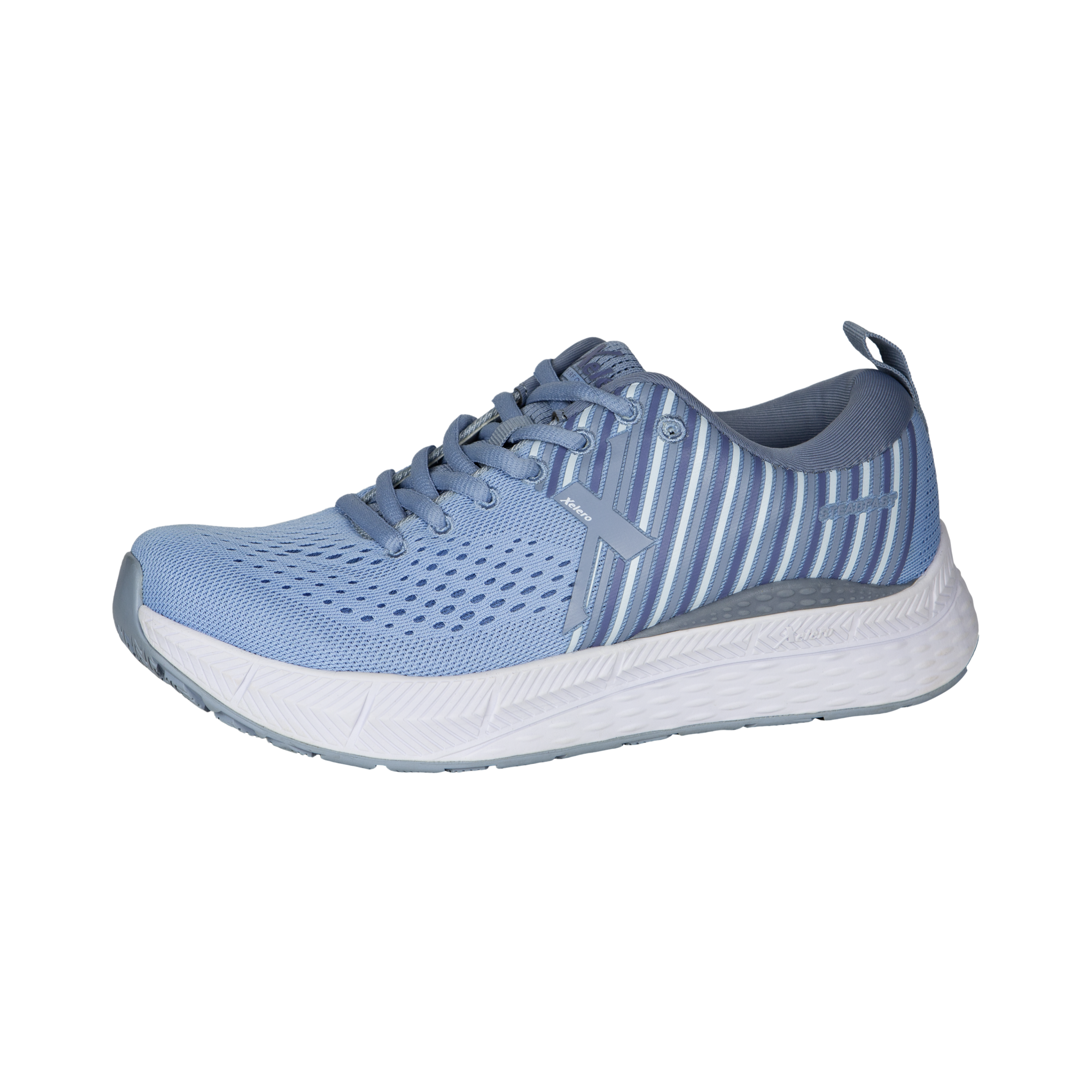 Side view of Women’s Xelero Steadfast in Light Blue/White – featuring a breathable mesh upper, traditional lace-up closure, and padded tongue for enhanced comfort.