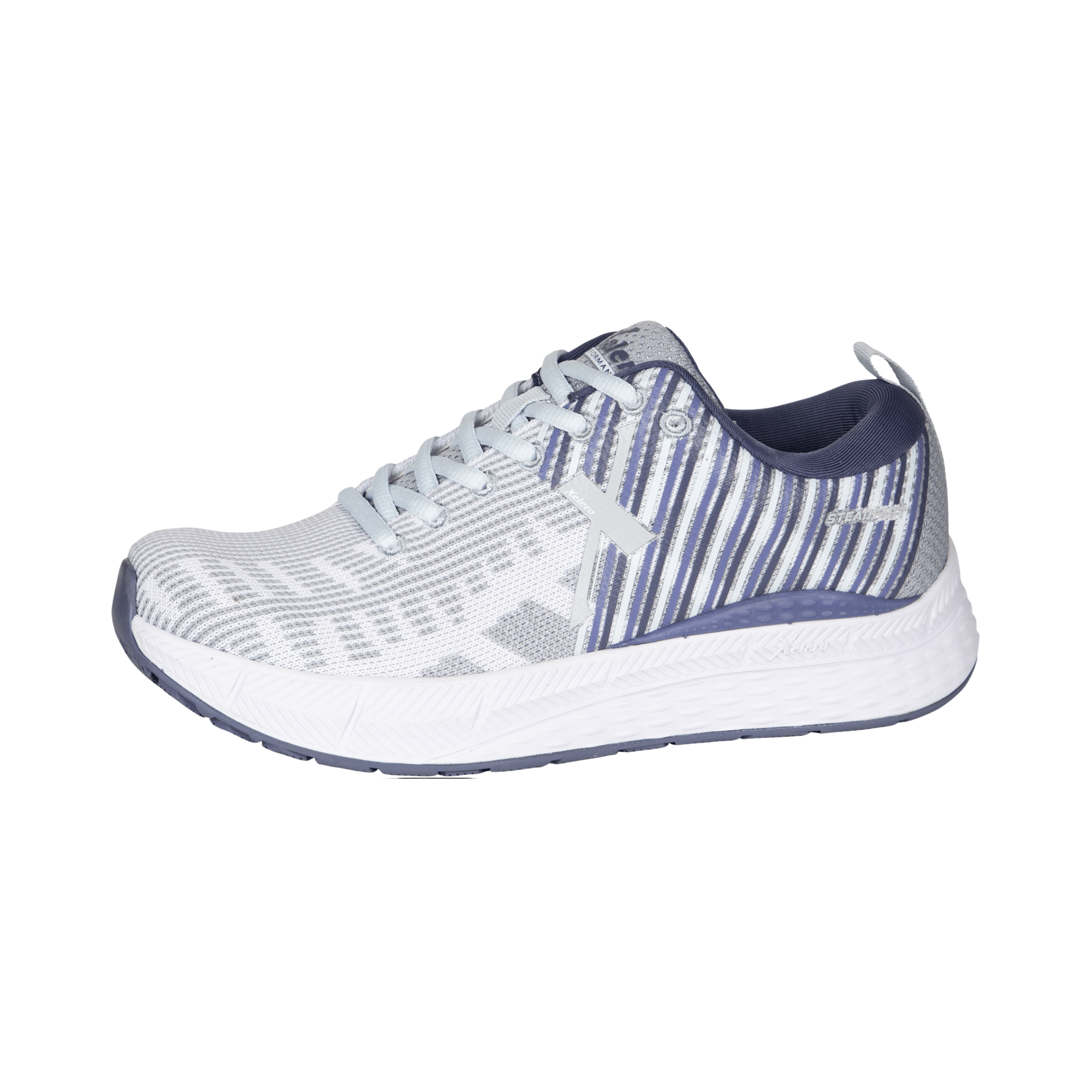 Side View of Women’s Xelero Steadfast hiking shoe in white and violet – featuring breathable mesh and synthetic upper, cushioned midsole for comfort, and durable outsole with aggressive tread for traction and support.