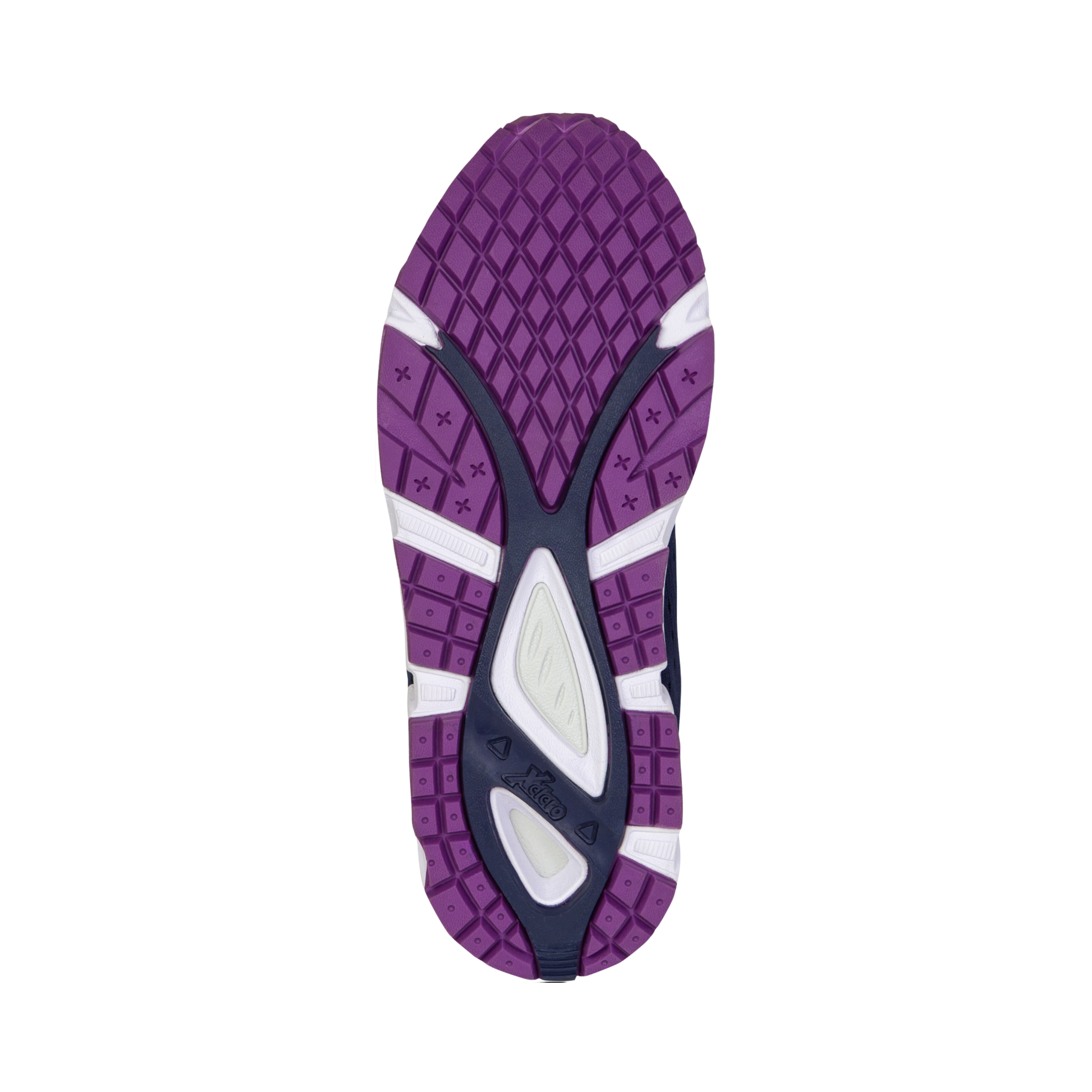 Bottom view of Women’s Xelero Genesis II in Navy/Amethyst – featuring a durable rubber outsole with strategic tread patterns for reliable traction on various surfaces.