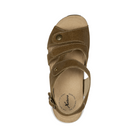 Top view of Women’s Xelero Mykonos sandal in Nutmeg – featuring a breathable leather upper, four adjustable straps with hook-and-loop closures, and a padded footbed for enhanced comfort.