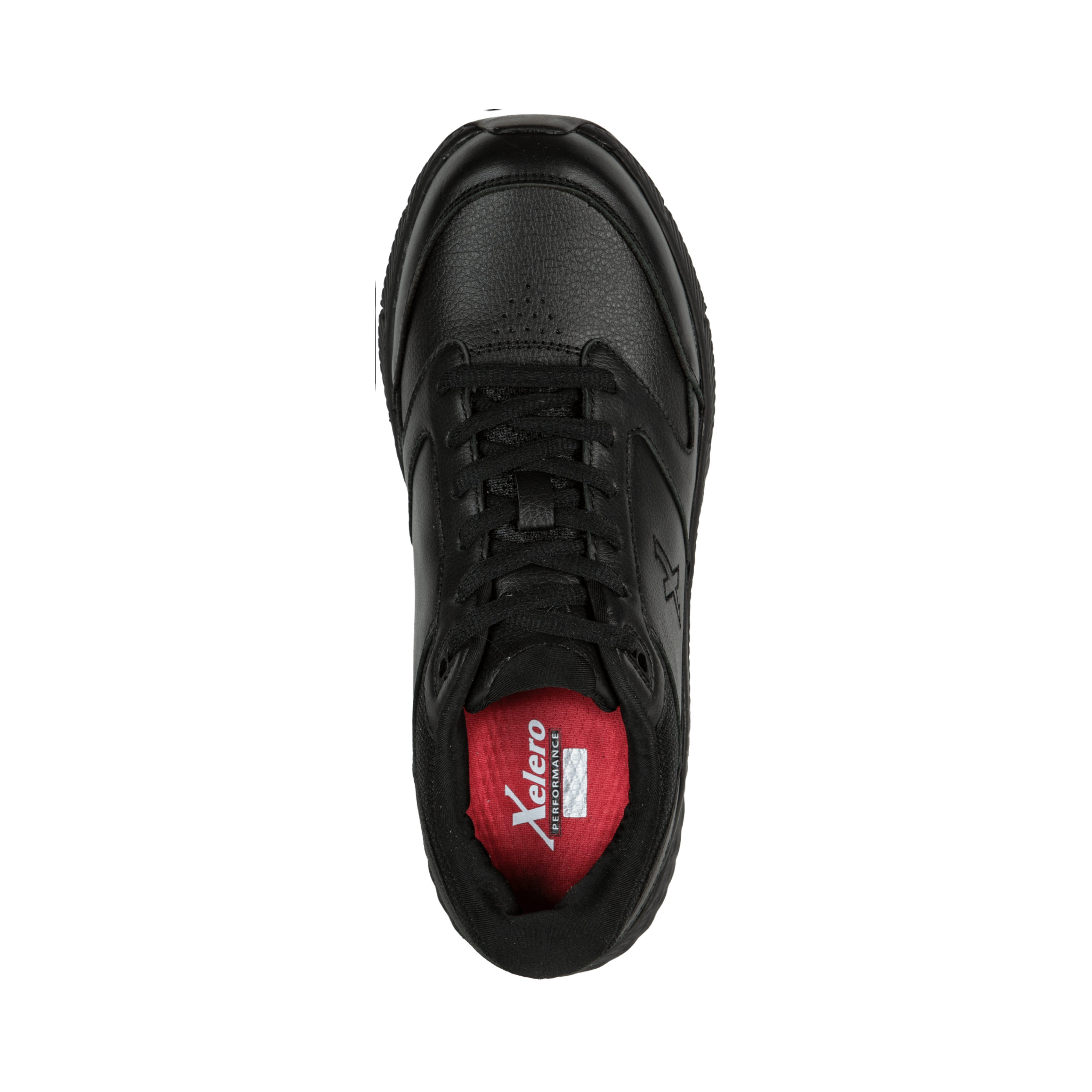 Top view of Women’s Xelero Steadfast Walker in Black – featuring a full-grain Napa leather upper, traditional lace-up closure, and padded tongue for enhanced comfort.