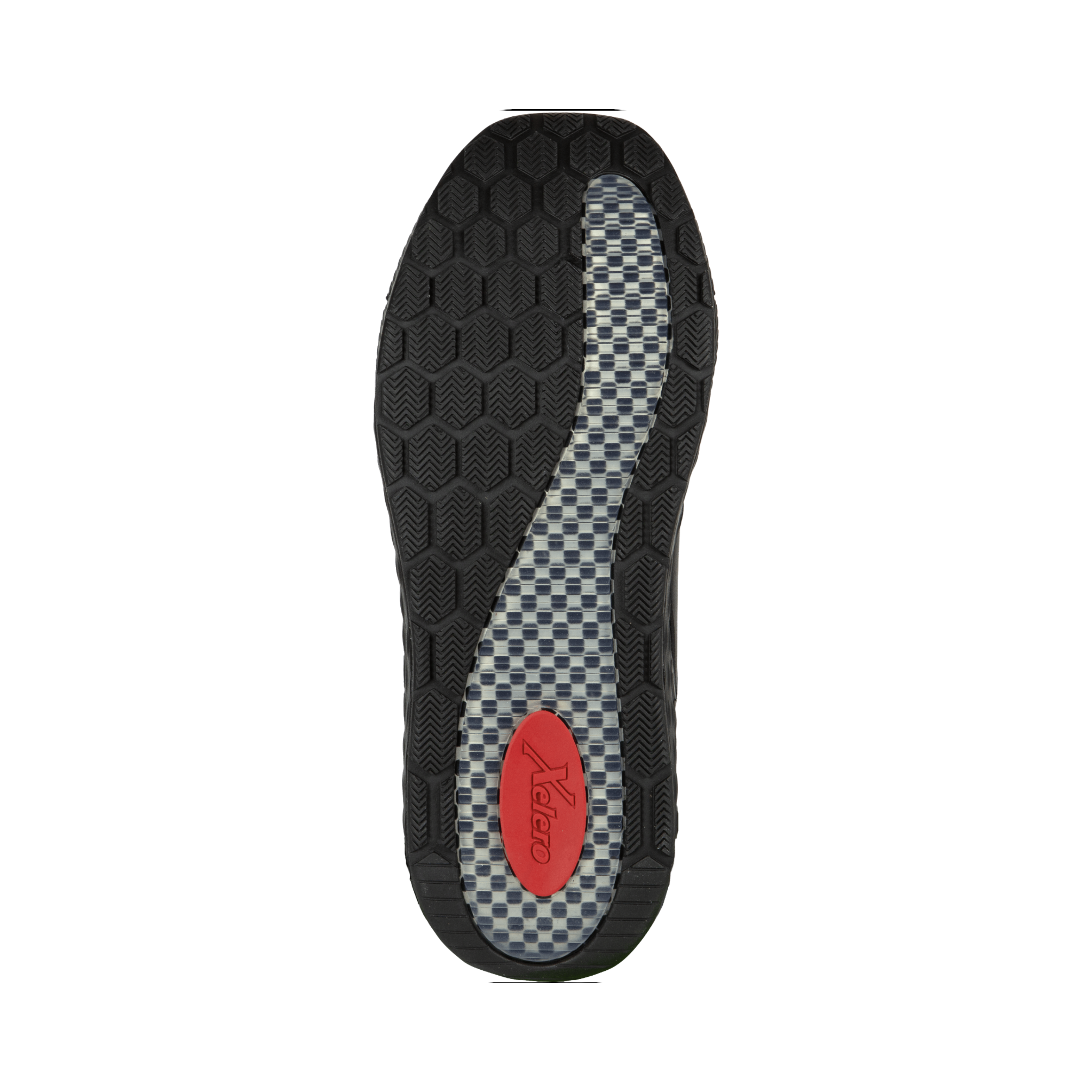 Bottom view of Women’s Xelero Steadfast Walker in Black – featuring a durable rubber outsole with strategic tread patterns for reliable traction on various surfaces.