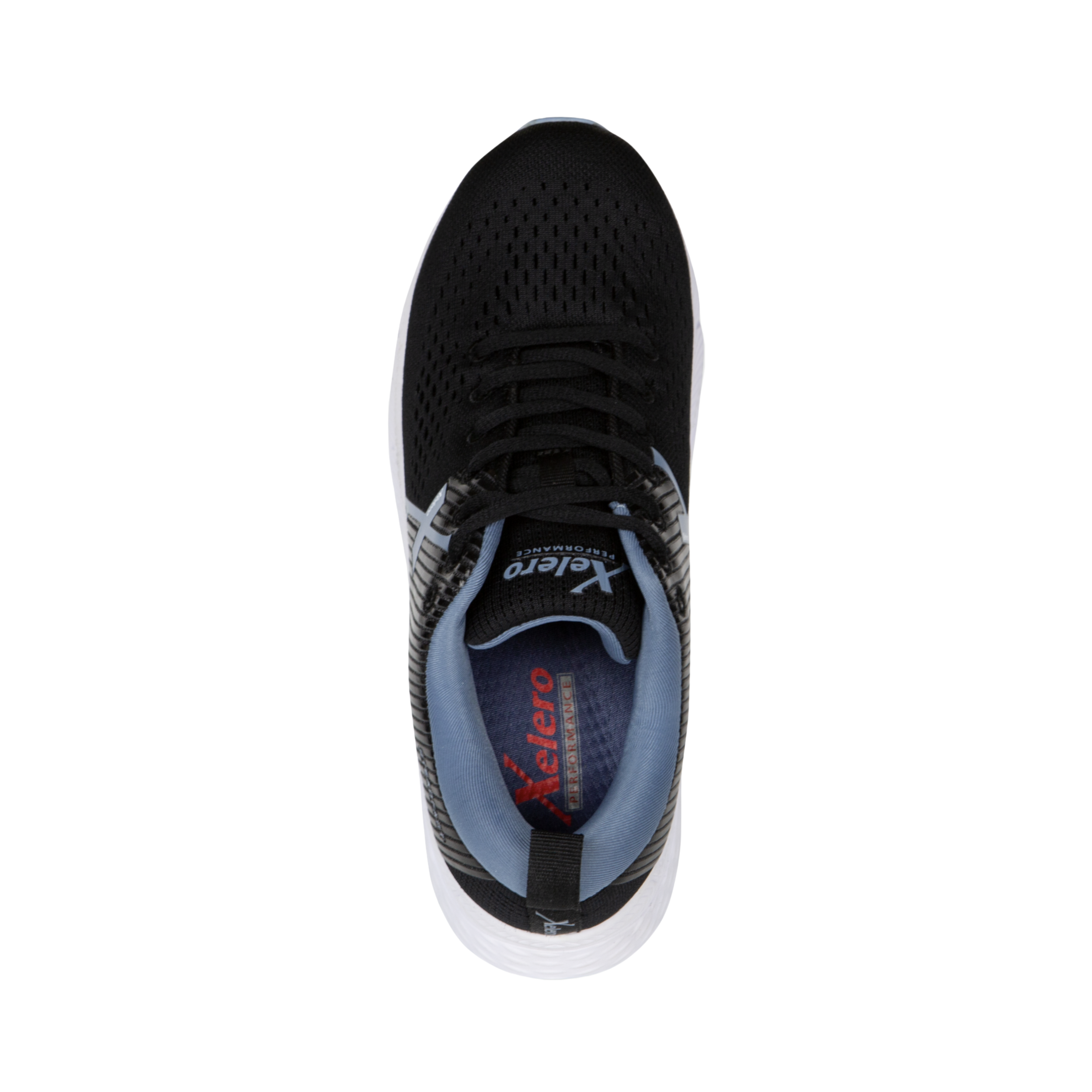 Top view of Women’s Xelero Steadfast in Black/Periwinkle – featuring a breathable mesh upper, traditional lace-up closure, and padded tongue for enhanced comfort.