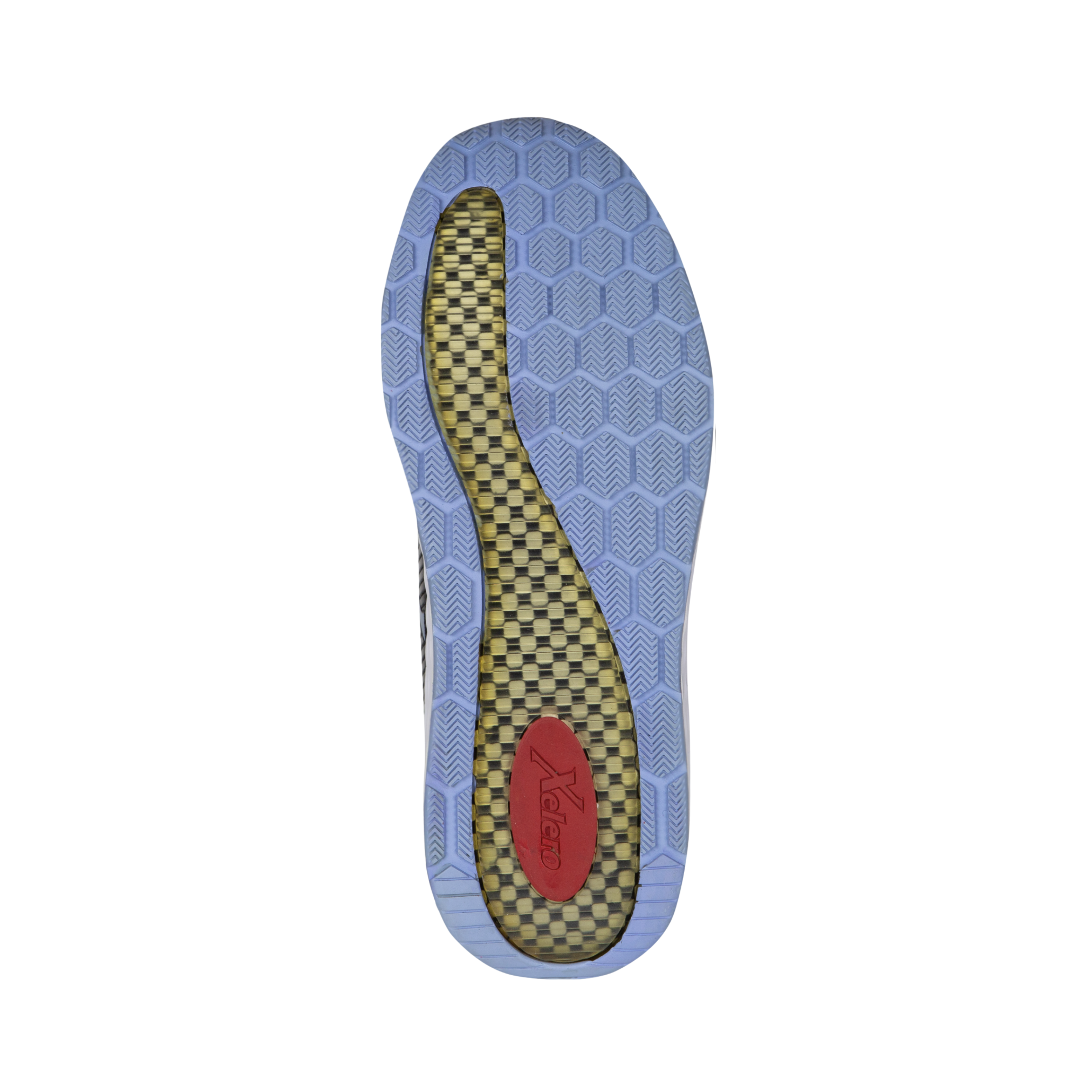 Bottom view of Women’s Xelero Steadfast in Black/Periwinkle – featuring a durable rubber outsole with strategic tread patterns for reliable traction on various surfaces.