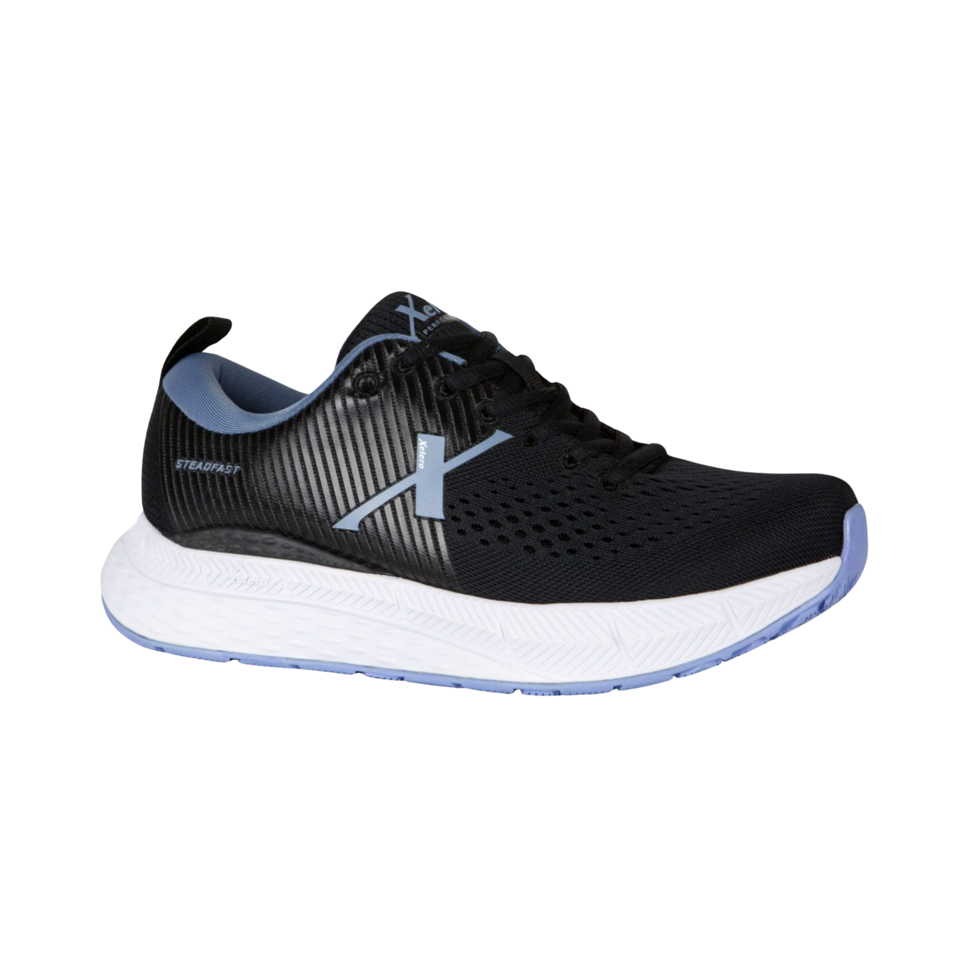 Side view of Women’s Xelero Steadfast in Black/Periwinkle – featuring Xelero Motion Control Technology for stability, EVA midsole cushioning for responsive comfort, and a sleek design for modern aesthetics.