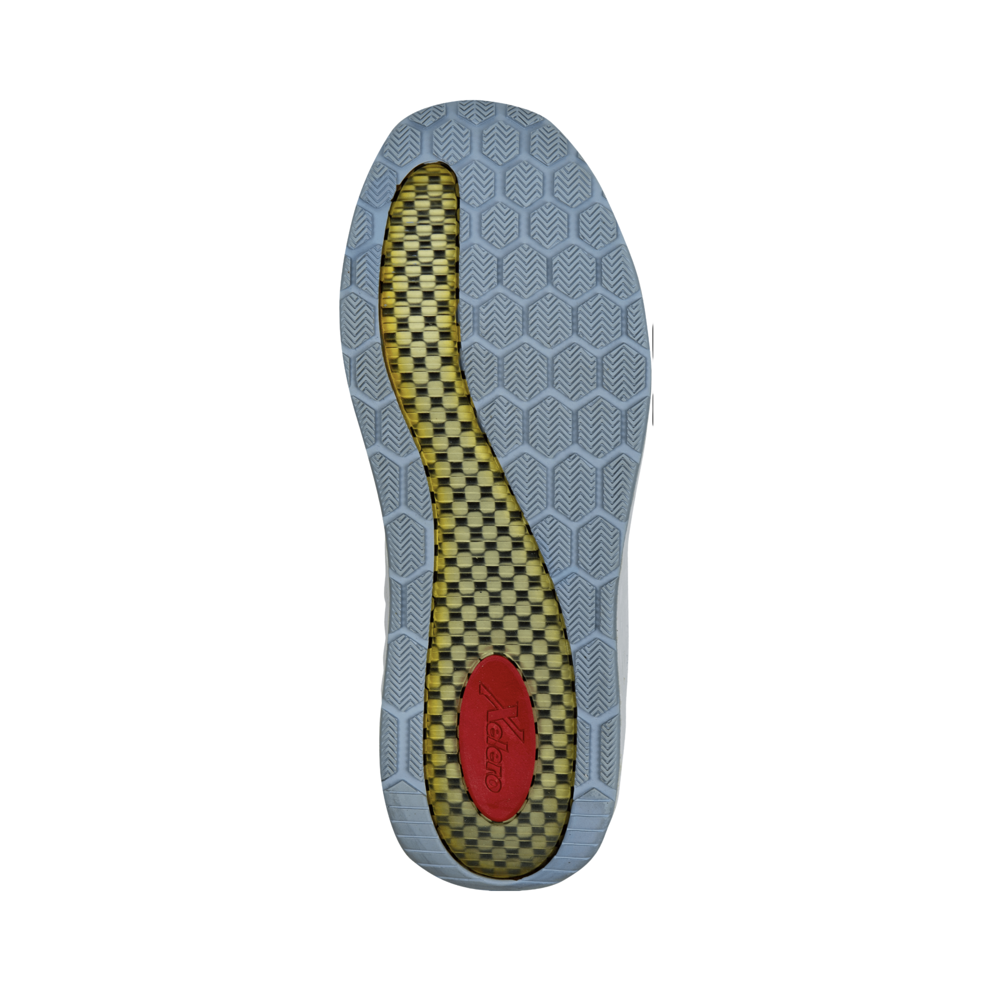 Bottom view of Women’s Xelero Steadfast in Light Blue/White – featuring a durable rubber outsole with strategic tread patterns for reliable traction on various surfaces.