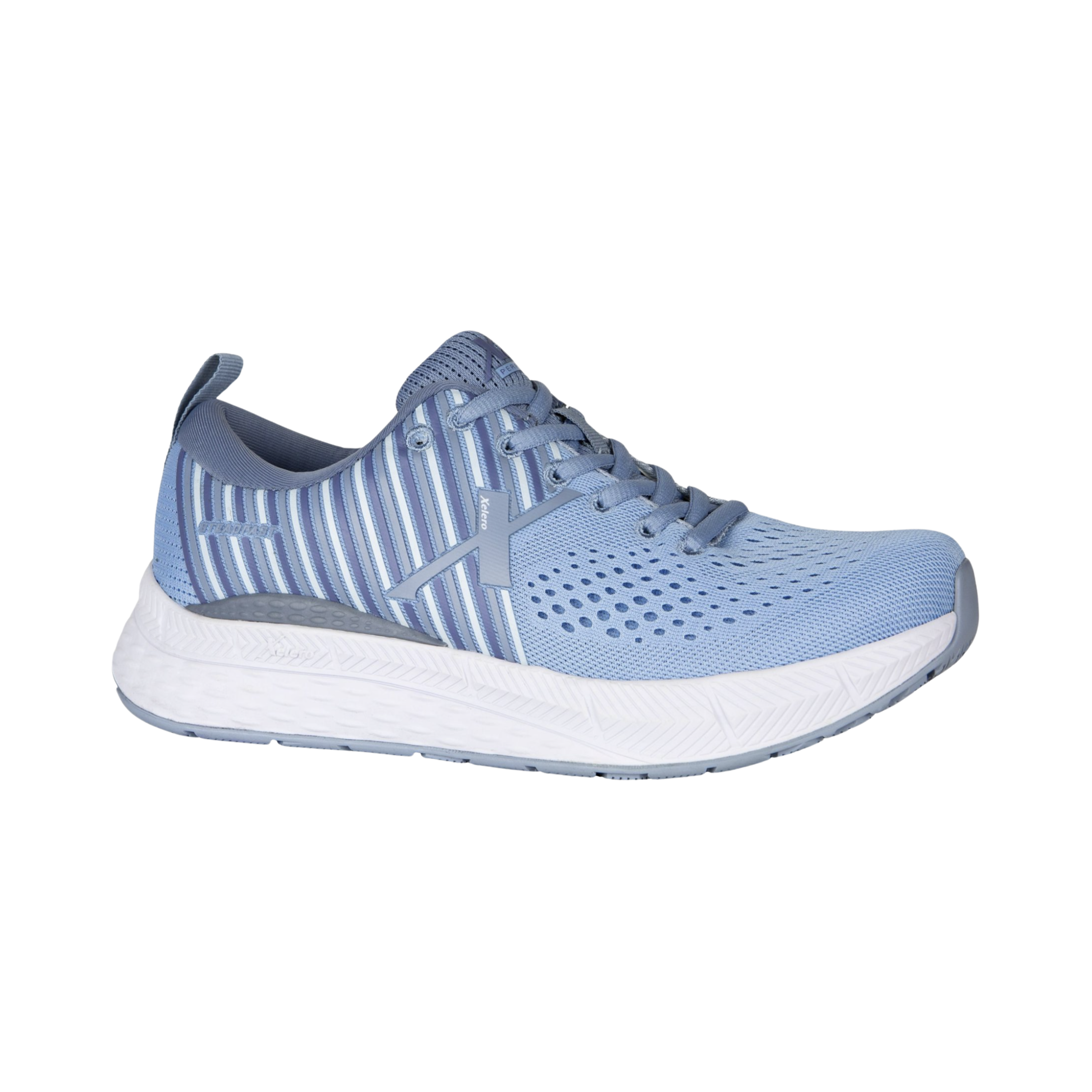 Side view of Women’s Xelero Steadfast in Light Blue/White – featuring Xelero Motion Control Technology for stability, EVA midsole cushioning for responsive comfort, and a sleek design for modern aesthetics.