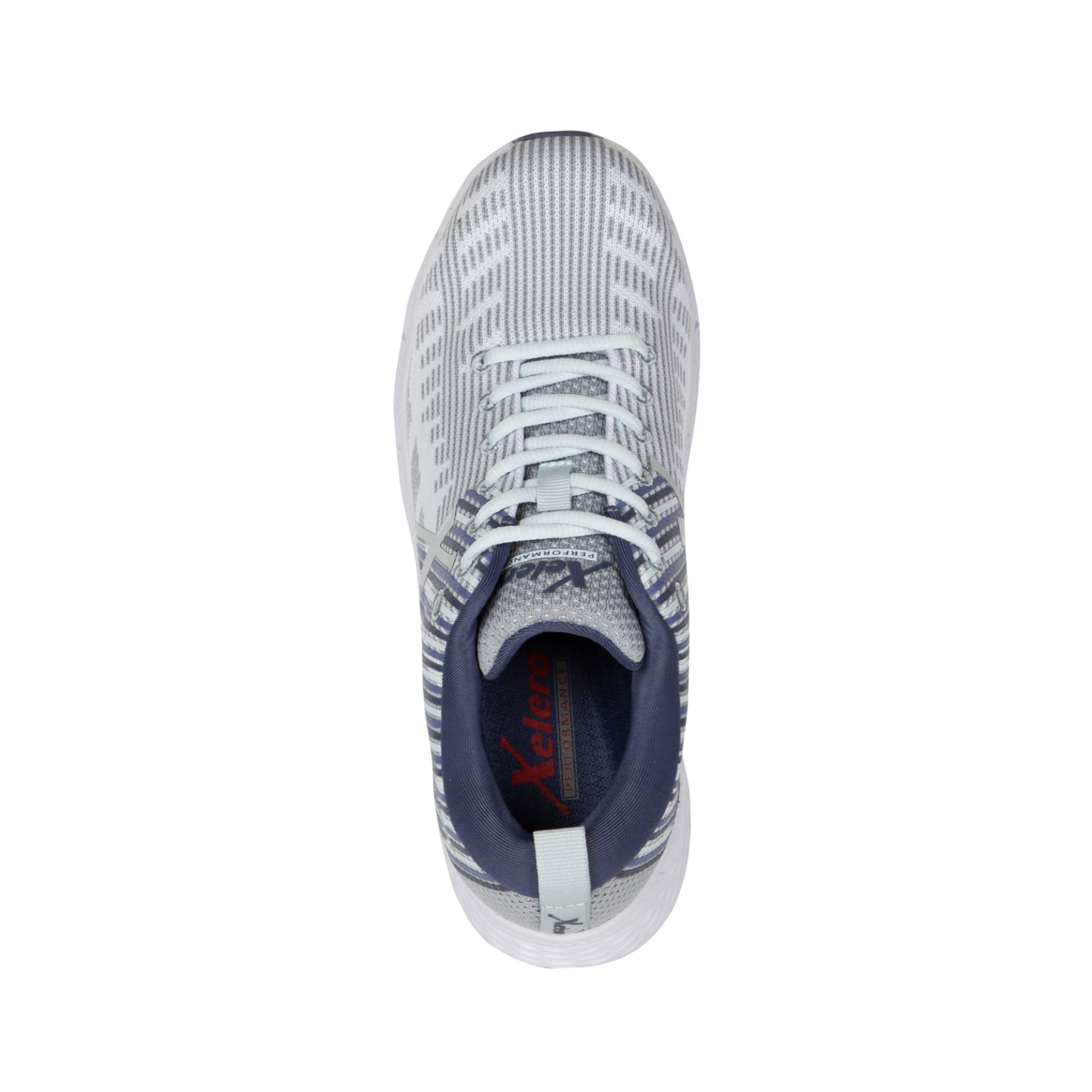 Top view of Women’s Xelero Steadfast in White/Violet – featuring a breathable mesh upper, traditional lace-up closure, and padded tongue for enhanced comfort.