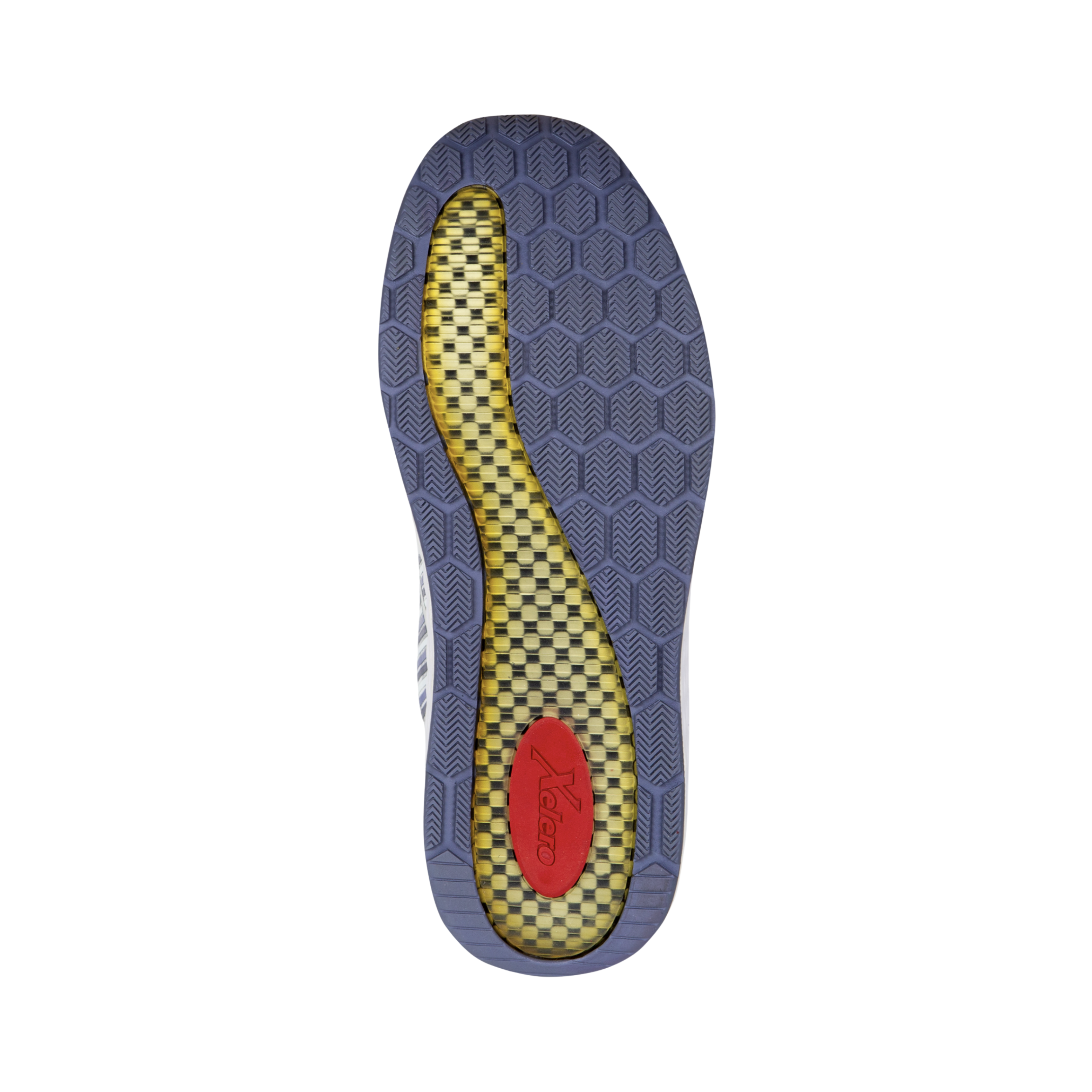 Bottom view of Women’s Xelero Steadfast in White/Violet – featuring a durable rubber outsole with strategic tread patterns for reliable traction on various surfaces.