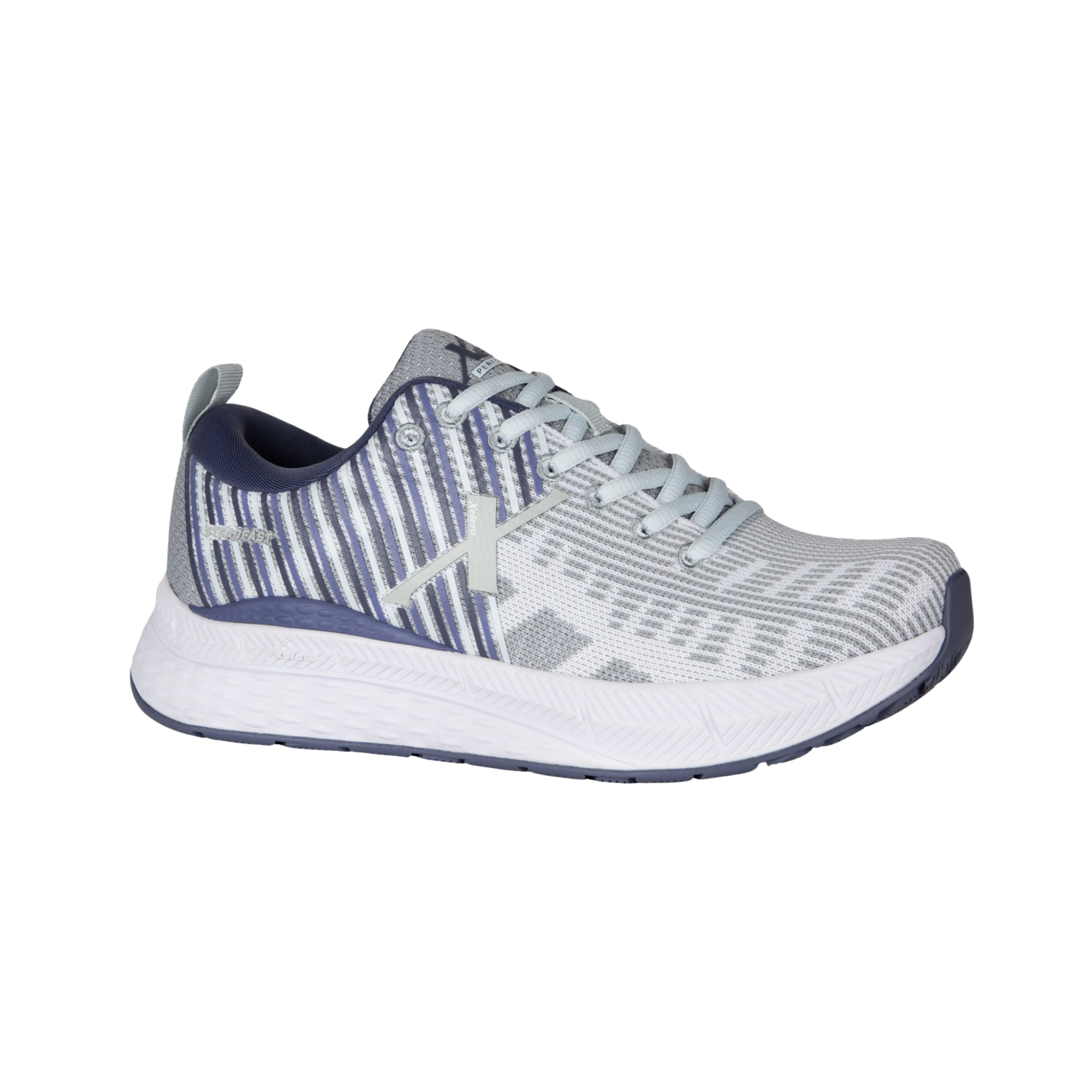 Side view of Women’s Xelero Steadfast in White/Violet – featuring Xelero Motion Control Technology for stability, EVA midsole cushioning for responsive comfort, and a sleek design for modern aesthetics.